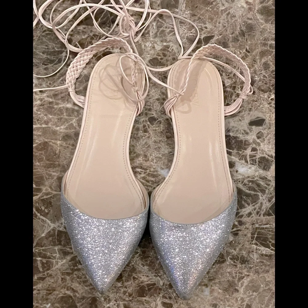 “J. CREW”, Women, Sz 7.5, Silver Sparkle Glitter w/Beige Ankle Tie-Up Flat Shoes - Picture 1 of 9